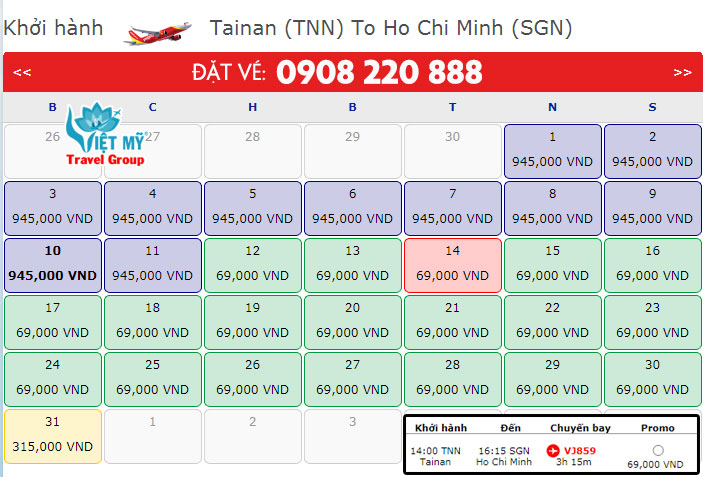 Mua vé máy bay từ Đài Nam về TPHCM hãng Vietjet
