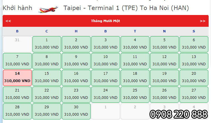 giá vé máy bay Taipei (TPE) - Hà Nội
