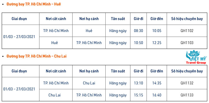 Lịch chi tiết đường bay TPHCM – Huế/Chu Lai