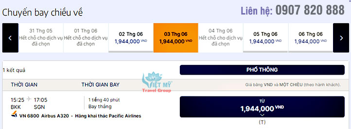 Giá vé máy bay Bangkok về TPHCM hãng Pacific Airlines