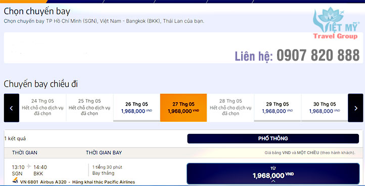 Giá vé máy bay TPHCM đi Bangkok hãng Pacific Airlines