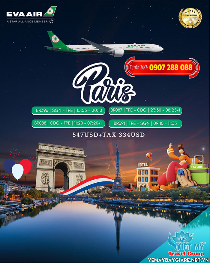 GIẢM giá vé máy bay Sài Gòn - Paris hãng Eva Air