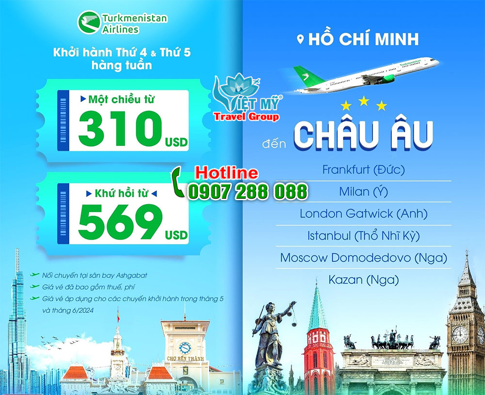 Giá vé Turkmenistan Airlines tháng 5 & 6/2024 chỉ từ 310 USD