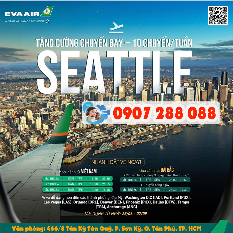 Hãng Eva Air tăng cường tần suất bay đi Seatle