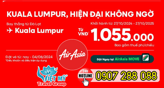 Bay thẳng Đà Lạt đi Kuala Lumpur giá từ 1.055K hãng Air Asia