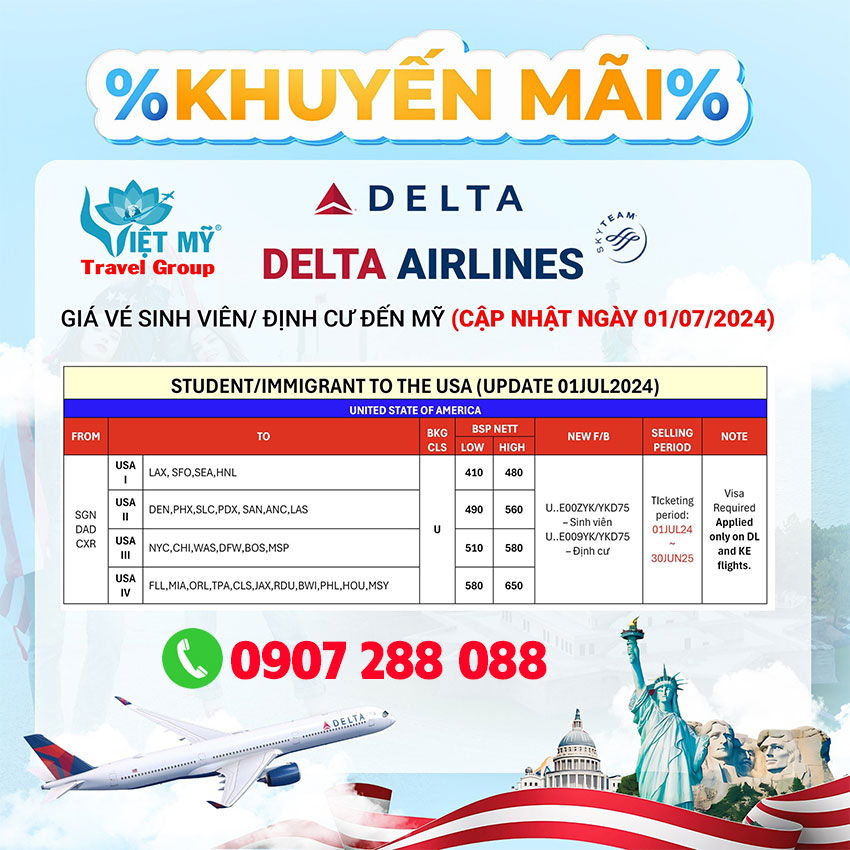 Giá vé đi Mỹ hãng Delta Airlines dành cho Sinh viên/Người định cư