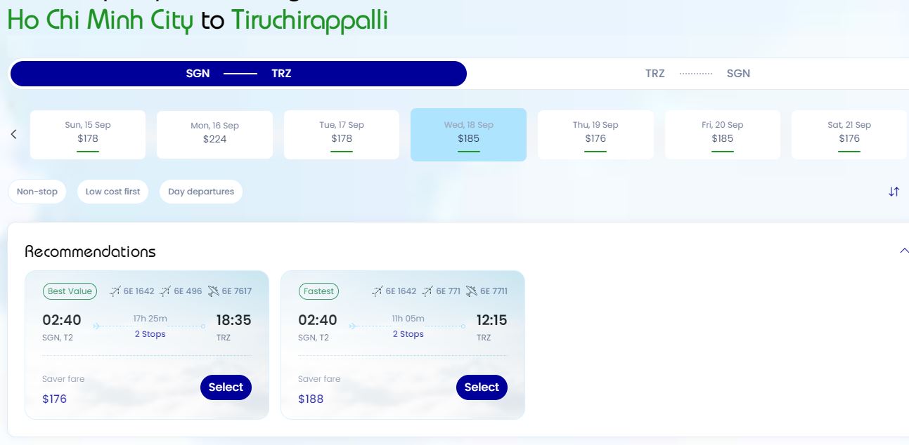 Mua vé máy bay TPHCM (SGN) - Tiruchirappalli (TRZ) hãng Indigo Airlines
