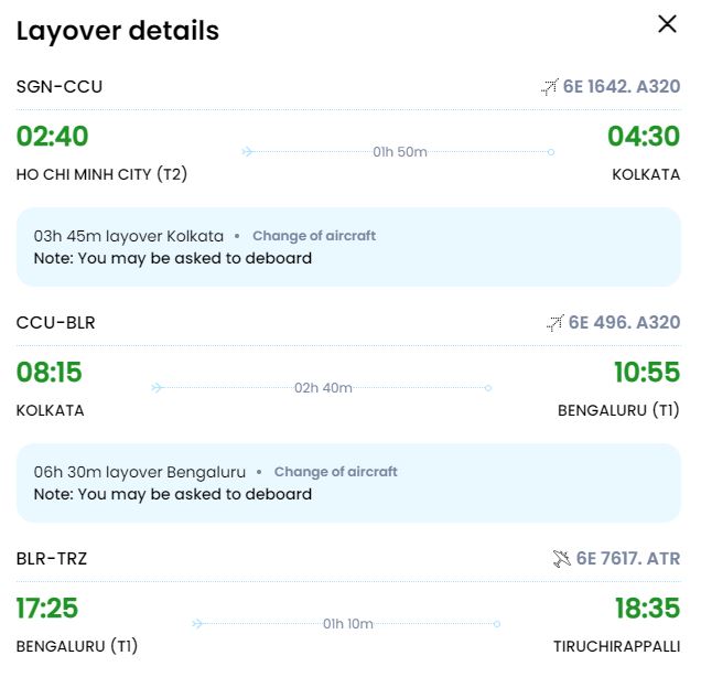 Mua vé máy bay TPHCM (SGN) - Tiruchirappalli (TRZ) hãng Indigo Airlines
