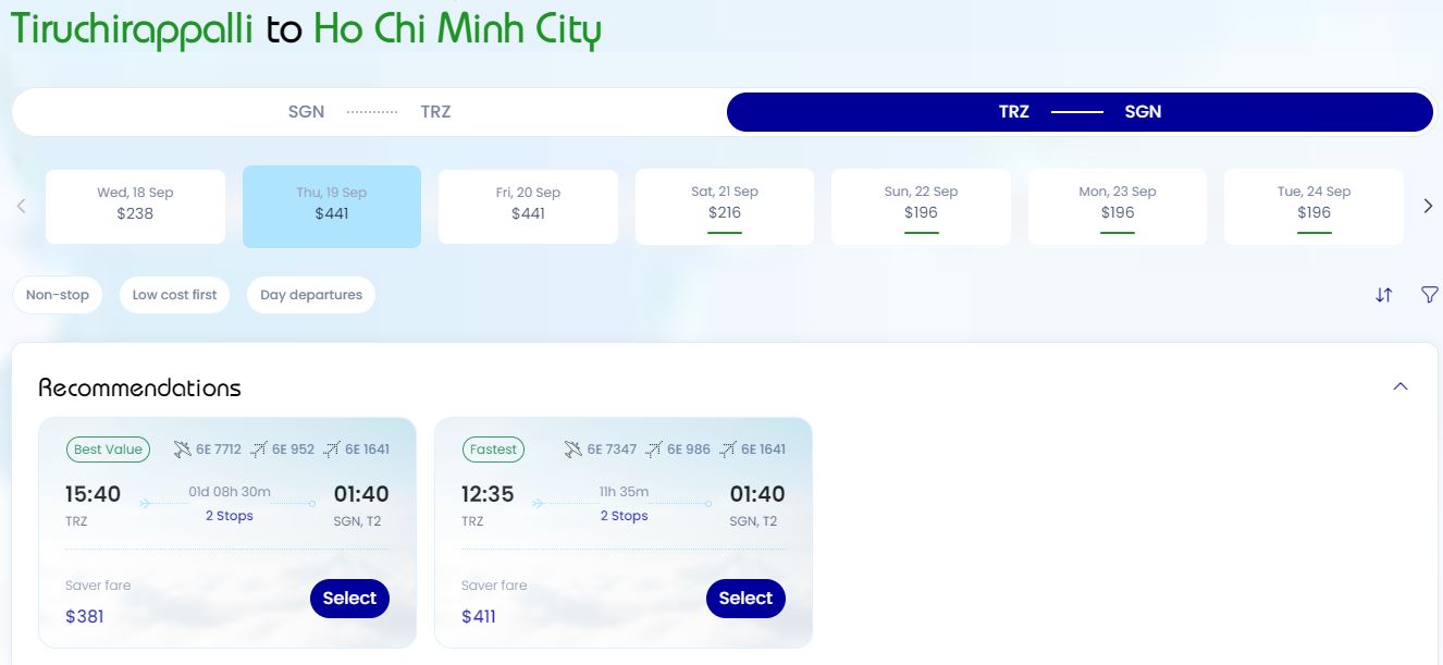 Mua vé máy bay TPHCM (SGN) - Tiruchirappalli (TRZ) hãng Indigo Airlines