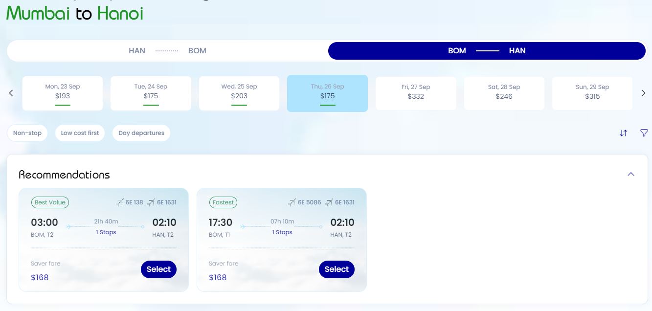 Giá vé máy bay Hà Nội - Mumbai hãng Indigo bao nhiêu?