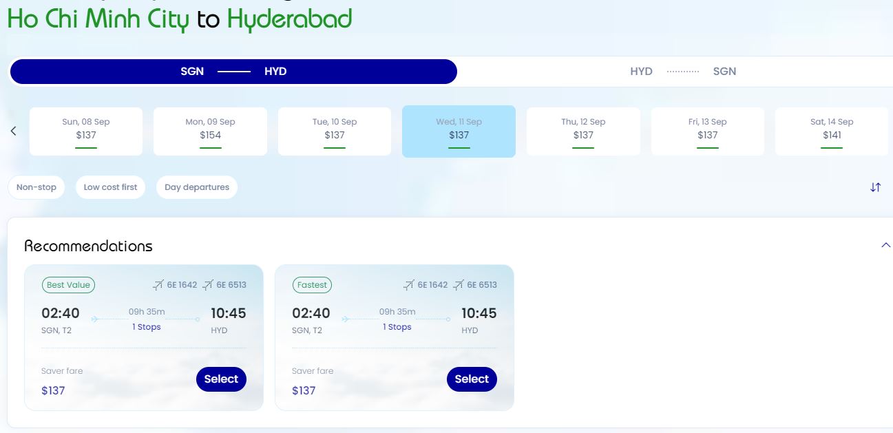Chi tiết lượt đi Tp. Hcm - Hyderabad: