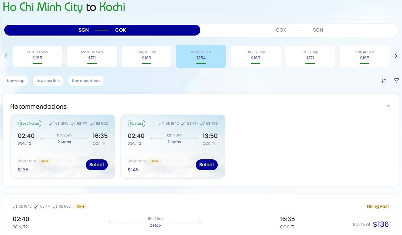 Di chuyển TPHCM (SGN) - Kochi (COK) với Indigo