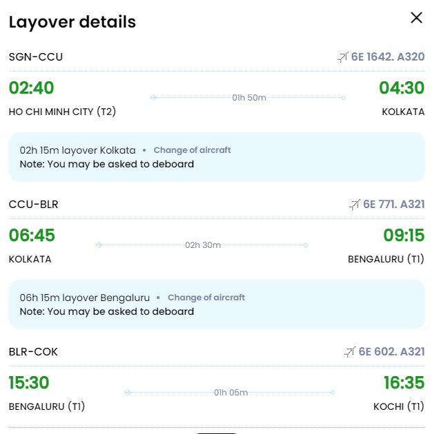 Di chuyển TPHCM (SGN) - Kochi (COK) với Indigo
