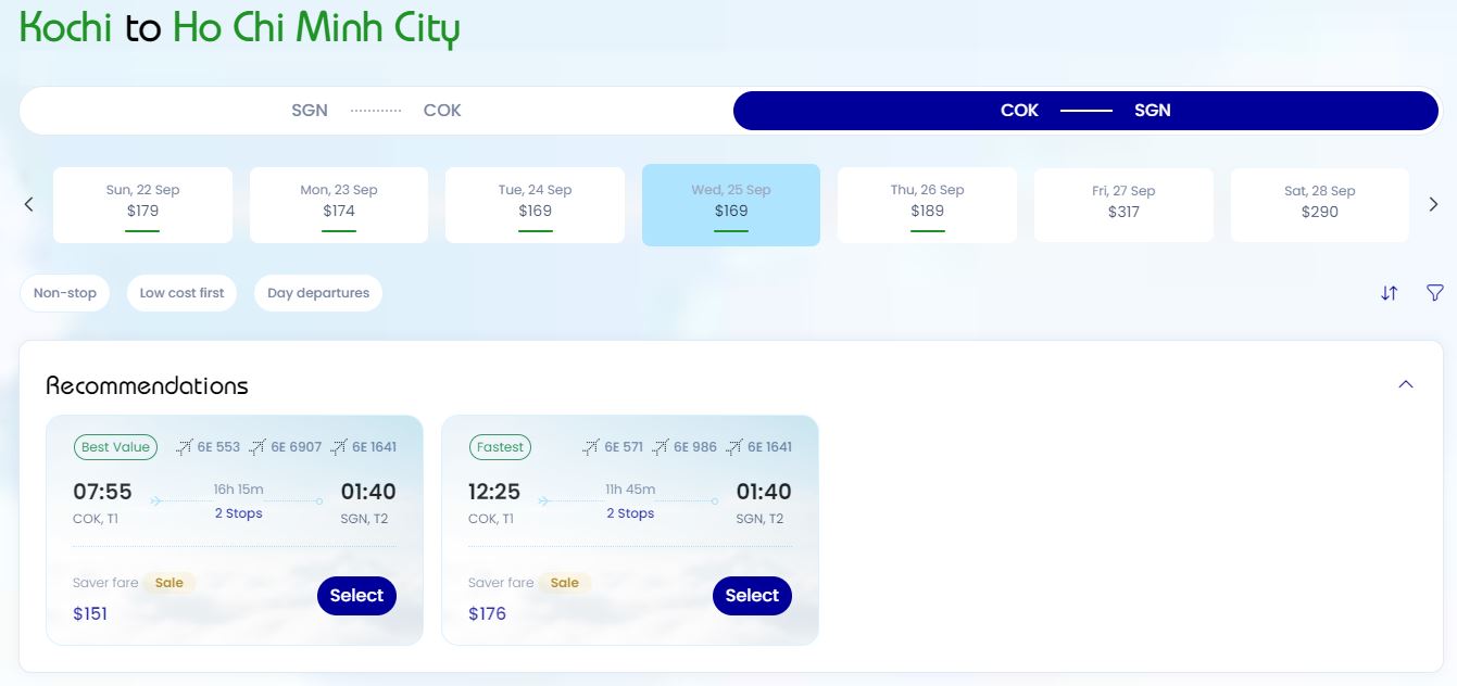 Di chuyển Kochi (COK) - TPHCM (SGN) với Indigo
