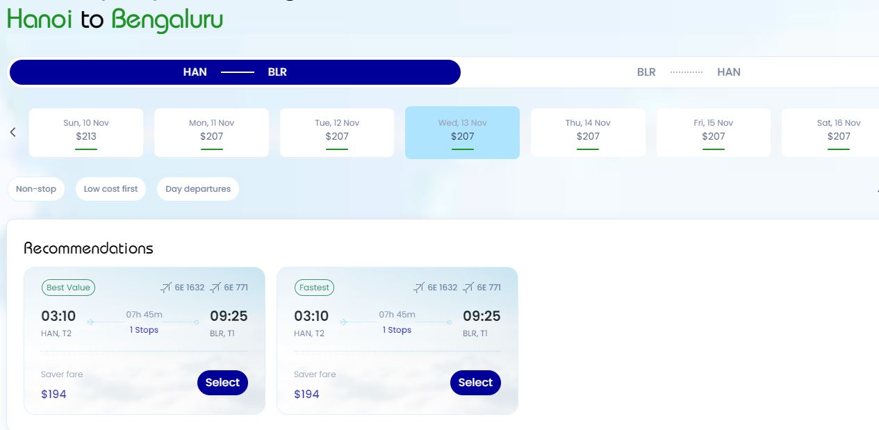 Hành trình bay và giá vé Hà Nội - Bengaluru hãng Indigo Airlines