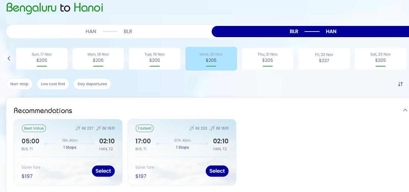 Hành trình bay và giá vé Hà Nội - Bengaluru hãng Indigo Airlines