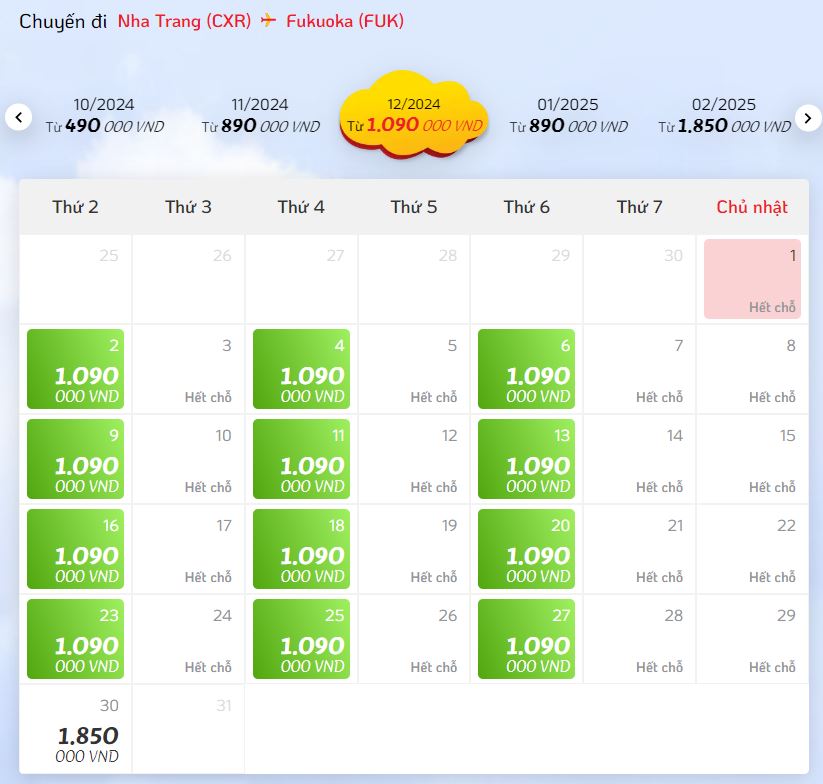 Mức giá vé lượt Nha Trang - Fukuoka của Vietjet