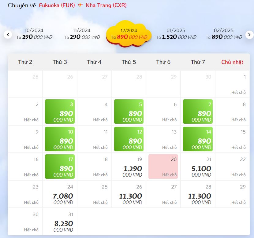 Mức giá vé lượt Fukuoka - Nha Trang của Vietjet