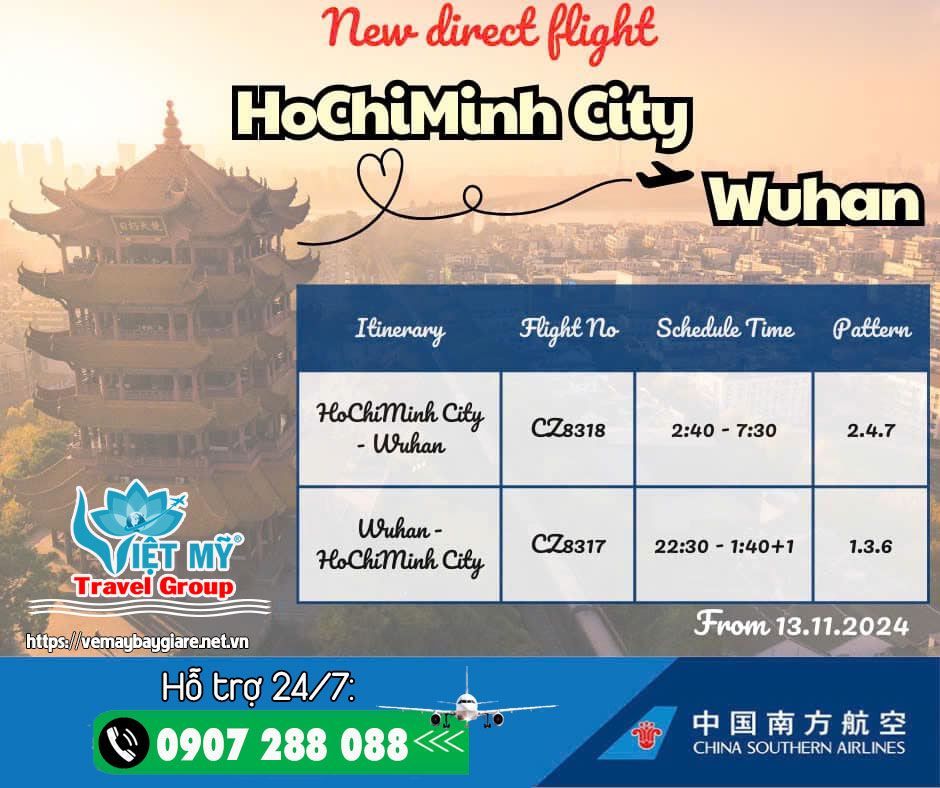 Chuyến bay thẳng đến Vũ Hán đã chính thức trở lại từ ngày 13/01/2024 với tần suất 3 chuyến/tuần