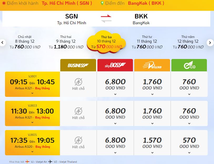 Vé máy bay Tp.HCM - Bangkok từ Vietjet Air