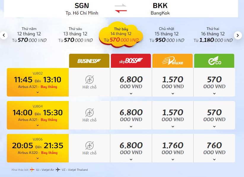 Vé máy bay Bangkok - Tp.HCM từ Vietjet Air