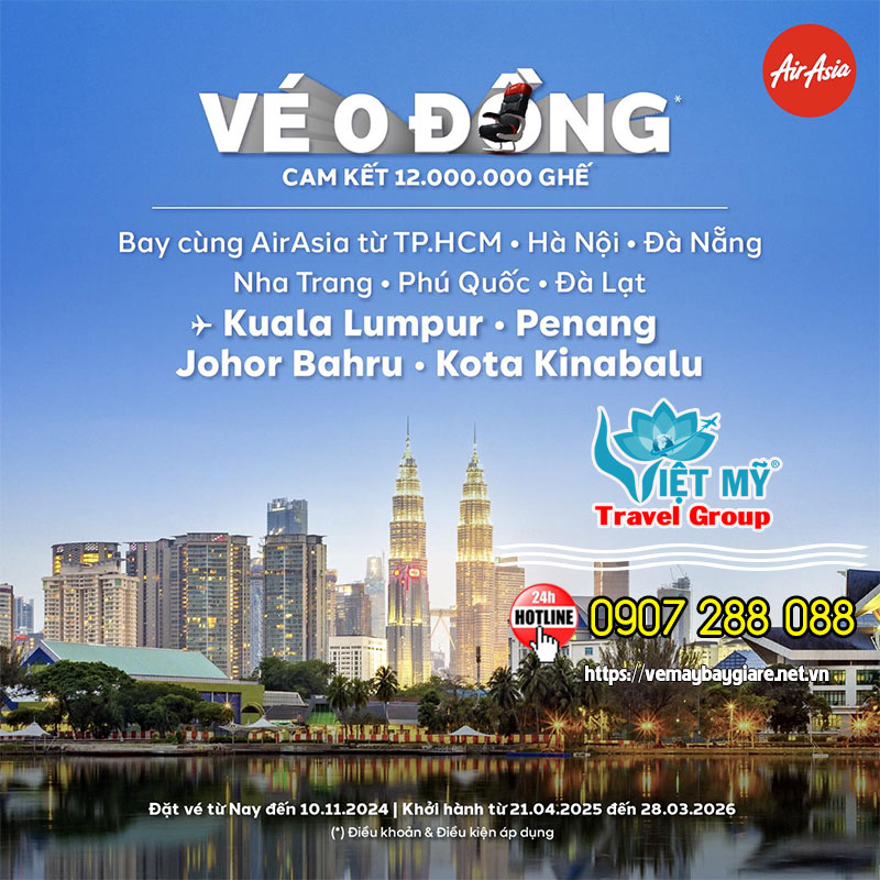 Bay cùng Air Asia từ Tp. HCM/Hà Nội/Đà Nẵng/Nha Trang/Phú Quốc/Đà Lạt - đến Kuala Lumpur/Penang/Johor Bahru/Kota Kinabalu:
