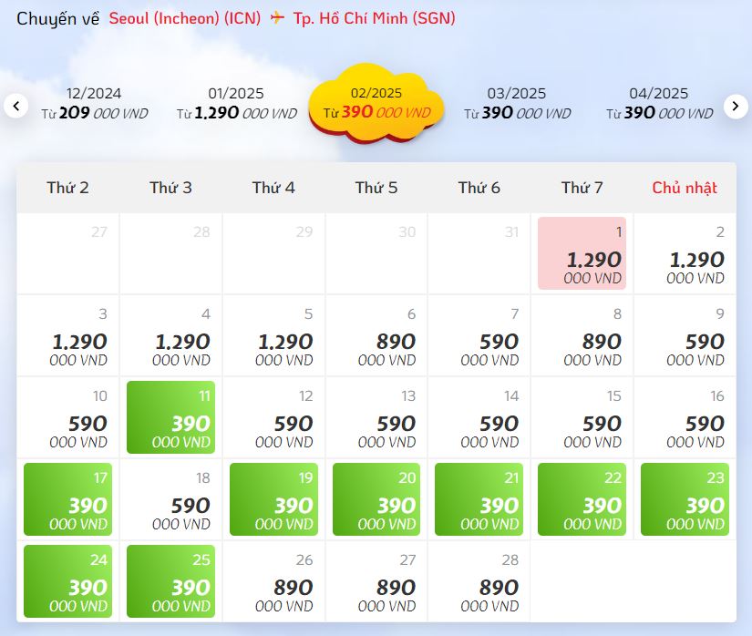 GIÁ vé Tp.Hcm - Seoul Incheon hãng VIETJET