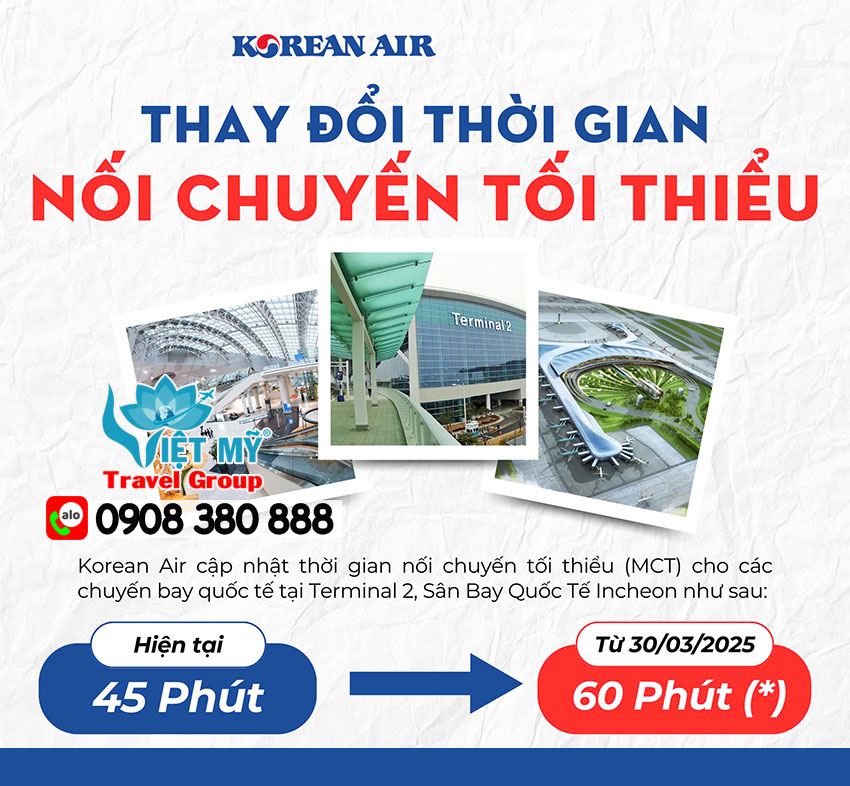 Hãng Korean Air thay đổi thời gian nối chuyến tối thiểu