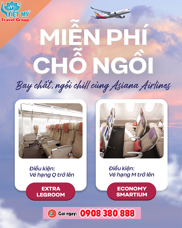 Asiana Airlines Miễn phí chỗ ngồi Economy Smartium & Extra Legroom