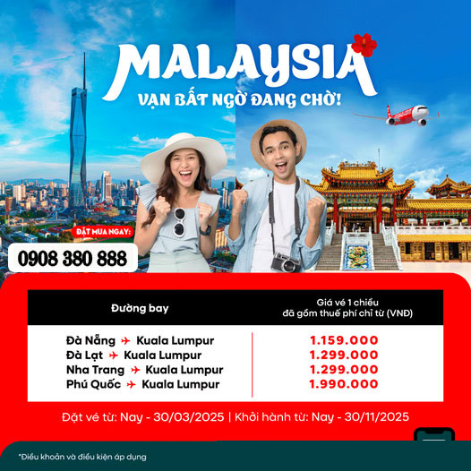 Áp dụng mua vé rẻ trong khoảng thời gian: từ 26/03/2025 - 30/03/2025