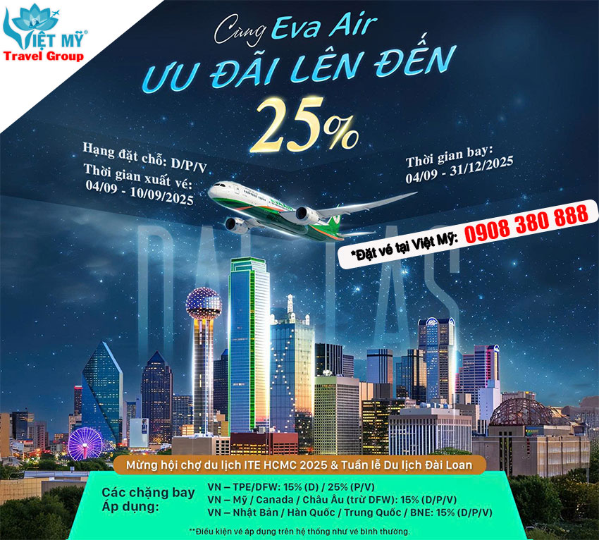 7 ngày vàng khuyến mãi Eva Air - Giảm đến 25% giá vé quốc tế