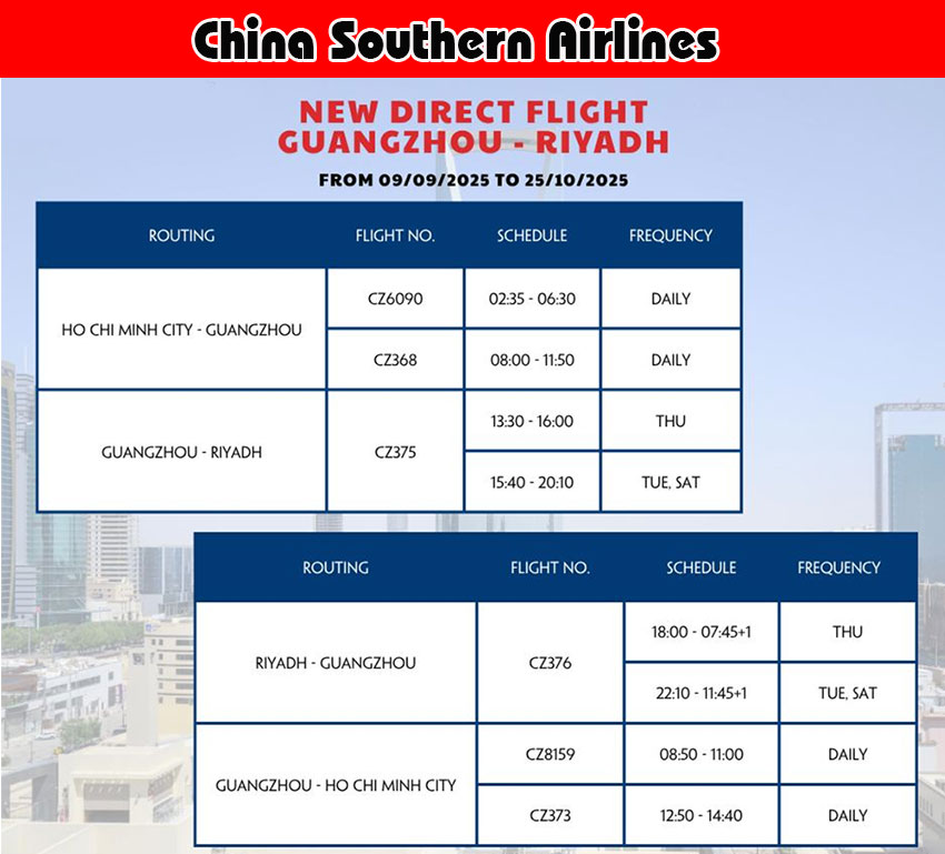 China Southern Airlines chính thức mở đường bay thẳng Quảng Châu – Riyadh