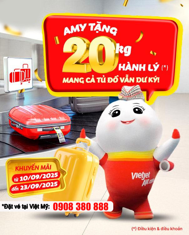 Tặng 20kg hành lý ký gửi cho tất cả đường bay quốc tế 2025