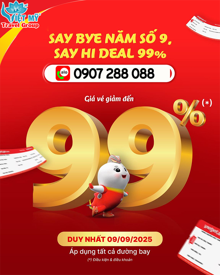 Ngày đôi 9/9 – Vietjet tung khuyến mãi khủng giảm 99% giá véDeal 9/9 Vietjet: Vé máy bay giảm sốc 99%, bay khắp thế giới