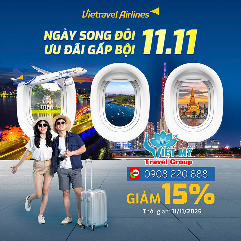 Ngày song đôi 11/11: Vietravel Airlines giảm 15% giá vé