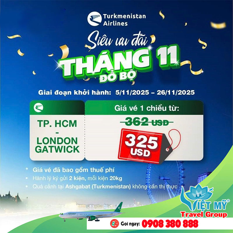 Vé TP.HCM đi London Gatwick tháng 11 chỉ từ 325 USD