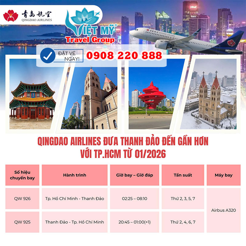 Bay thẳng TP.HCM – Thanh Đảo cùng Qingdao Airlines từ năm 2026