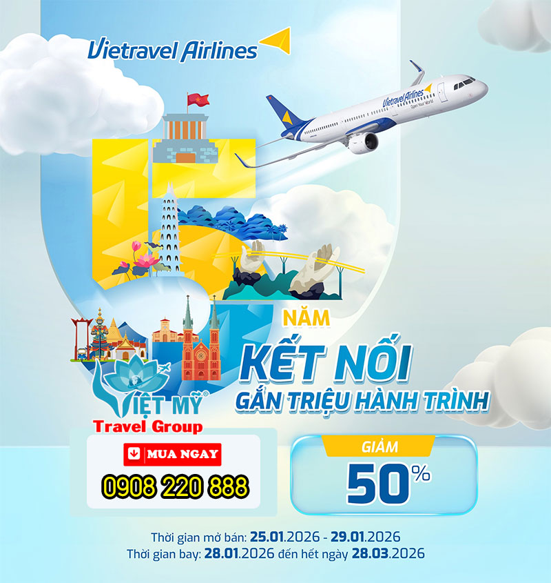 Giảm đến 50% giá vé Vietravel Airlines mừng kỷ niệm 5 năm cất cánh