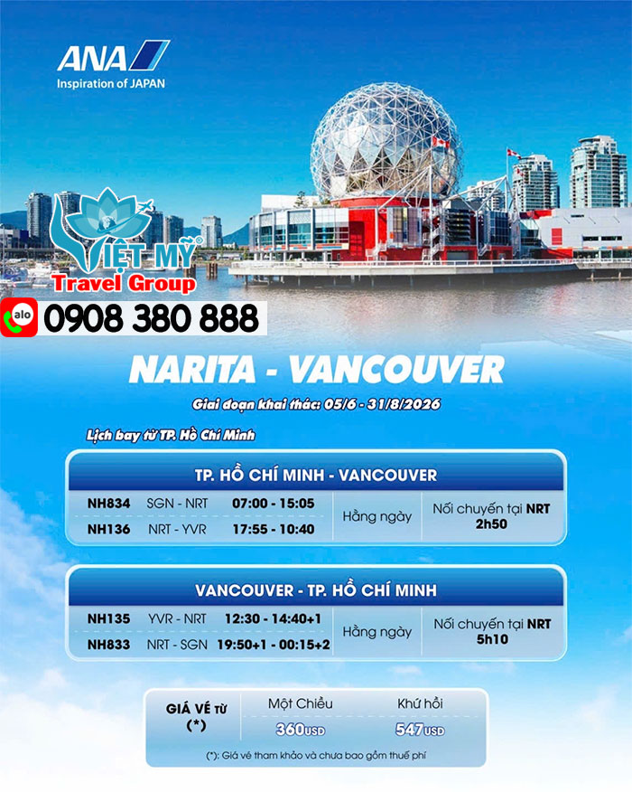 Hãng ANA khai thác đường bay TP.HCM – Vancouver quá cảnh Nhật Bản