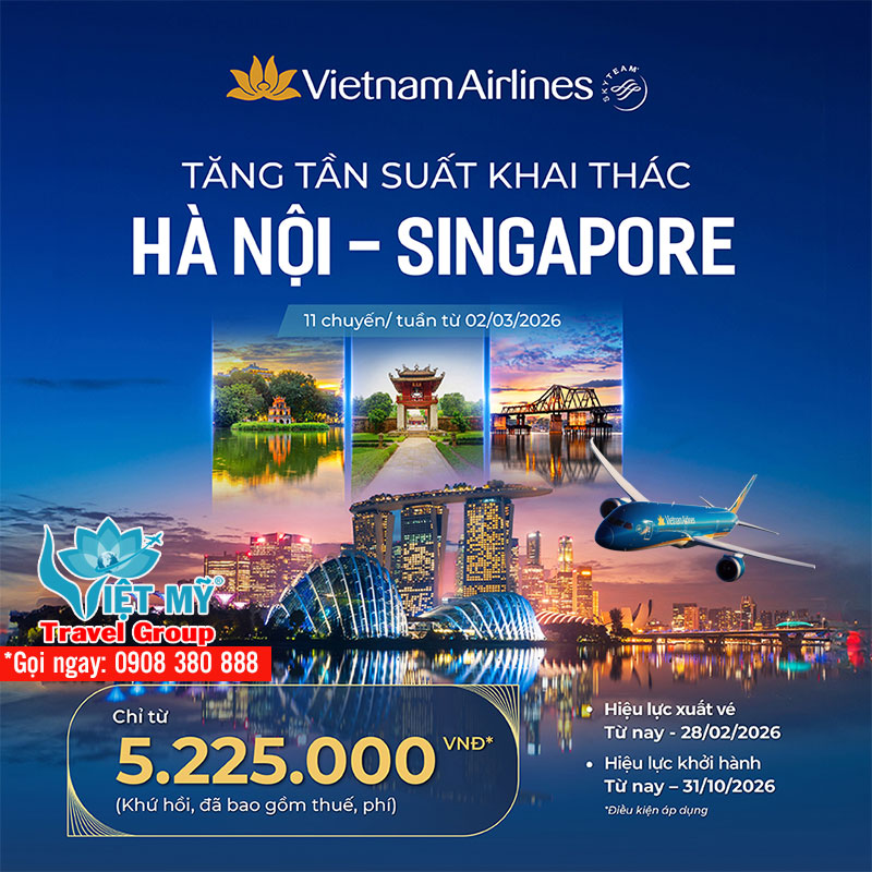 Vietnam Airlines tăng tần suất bay Hà Nội - Singapore lên 2 chuyến mỗi ngày