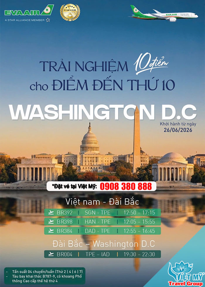 EVA Air mở đường bay Việt Nam - Washington D.C (quá cảnh Đài Bắc)