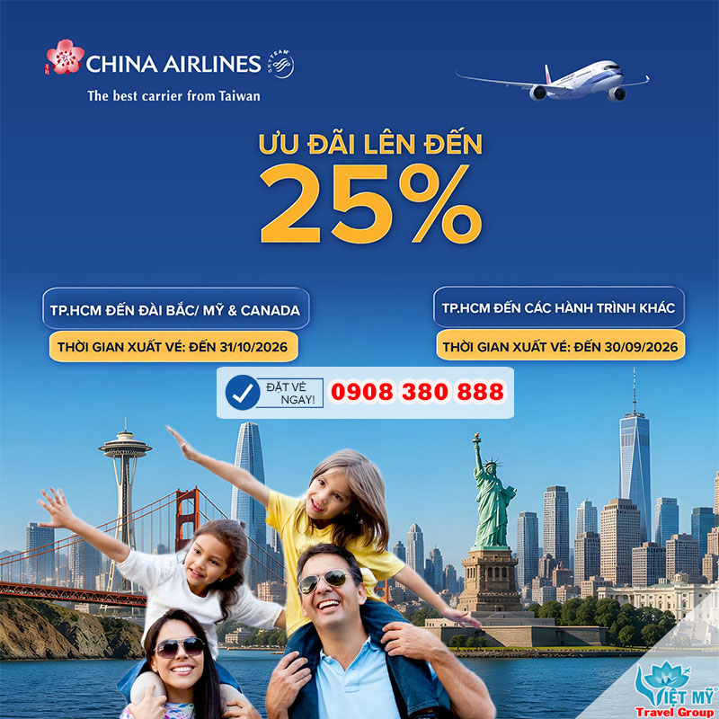 China Airlines giảm đến 25% vé máy bay từ TpHCM mùa thu đông