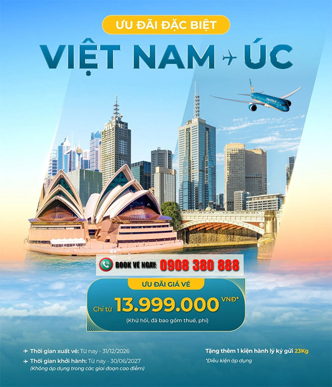 Đặt vé Vietnam Airlines đi Úc, khứ hồi từ 13.999.000 đồng